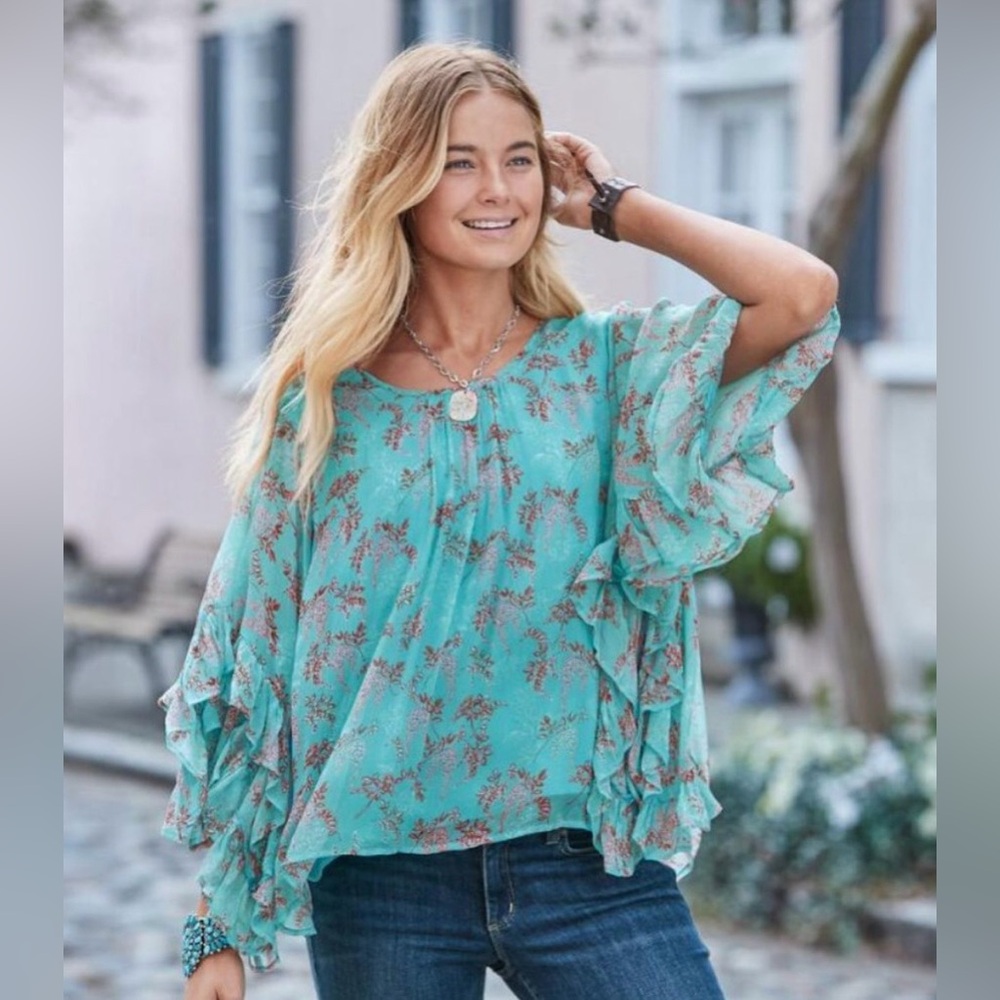 Sundance Wilde Aqua Chiffon Boho Top Tiered Ruffle Flutter Sleeves Romantic Sz S